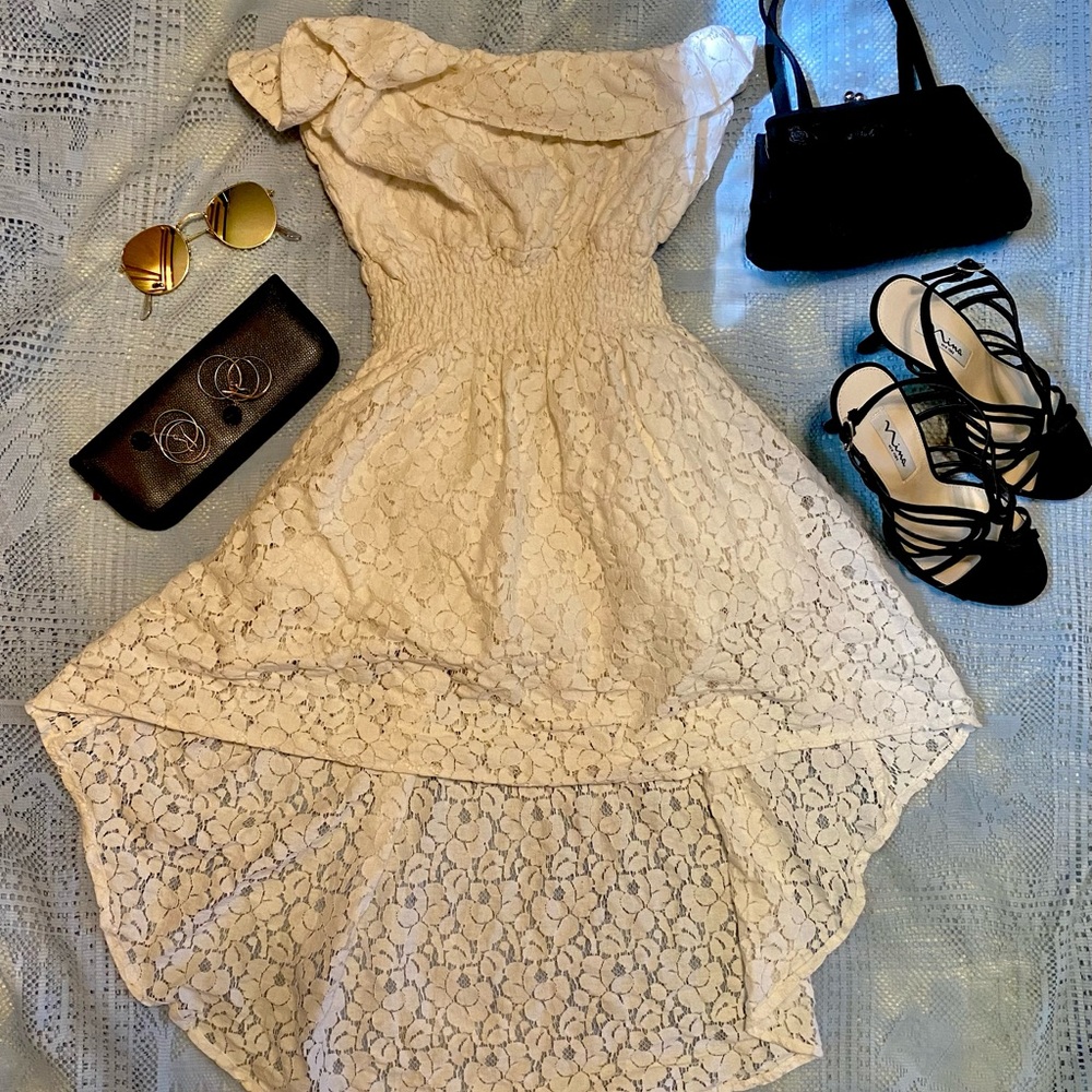 Summer Women Forever 21 Strapless Lace Dress Uneven Hem White L